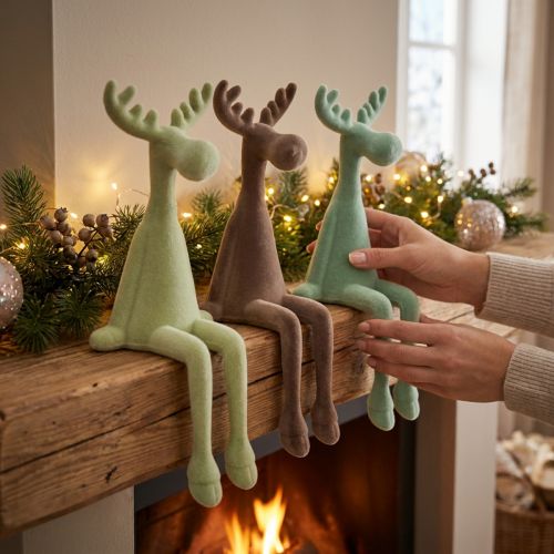 Artikel Edge kruk eland decoratie geflockt groen bruin mint 31cm 3 stuks