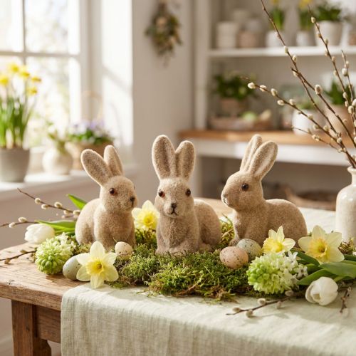 Artikel Decoratieve gevlokte zittende paashazen – 2e keus – Lente 10 cm 6 st.