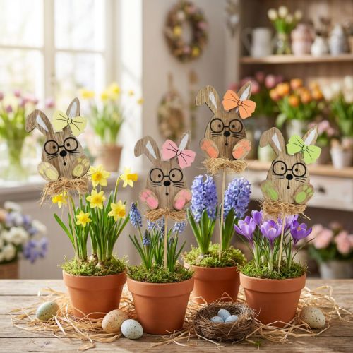 Bloemenplug houten Paashaas met glaasjes 8,5cm 12 st | Floristik24.nl