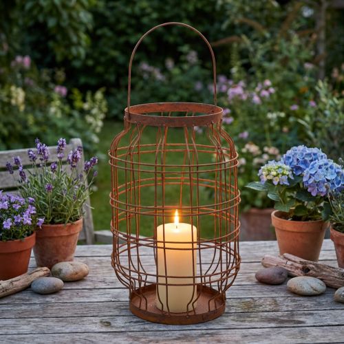 Tuinlantaarn, metaal, roestige afwerking, handvat, vintage, Ø19,5 cm | Floristik24.nl