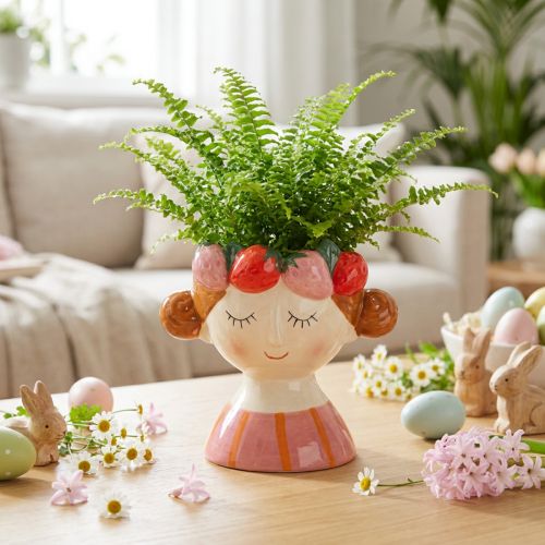 Artikel Meisjesgezicht in een bloempot met slapende aardbeien, decoratie voor de woonkamer, lente, 13 cm