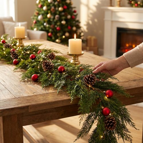 Groene Thuja-sparrenkrans met fruit, decoratief hangend ornament, kerstversiering, feestelijke kunstkrans, 175 cm lang | Floristik24.nl