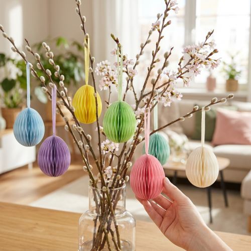 Honingraat eieren om op te hangen Papieren decoratie Paaseieren Kleurrijk 6cm 6 stuks | Floristik24.nl