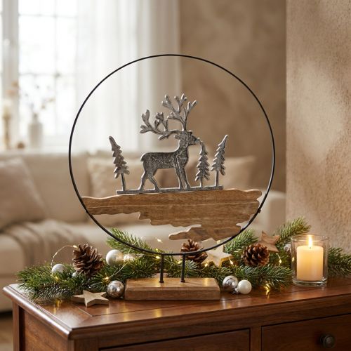 Hert decoratie ring decoratie standaard metaal hout zilver Ø38cm | Floristik24.nl