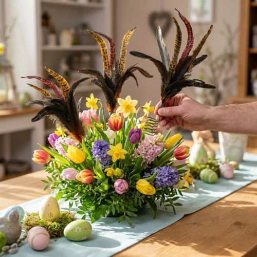 Artikel Kleurrijke verendecoratie op draadveer veerdecoratie H35cm 3st