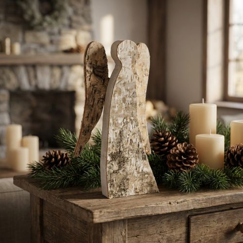Artikel Engelfiguur van hout met berkenbast, 30 cm