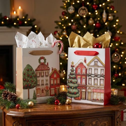 Artikel Kerstcadeautas met huisjes en kerstboom, 16 cm, 2 stuks