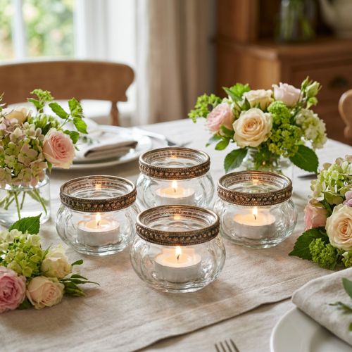 Artikel Glazen theelichthouders met decoratieve metalen rand, 6 cm, 4 stuks