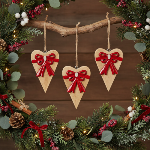 Houten hartje met strik, hangend hartje, 14 cm, 3 stuks | Floristik24.nl