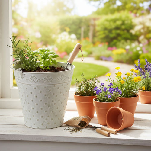 Decoratieve emmer, witgekalkt, met handvat, Ø20,5 cm, metalen plantenbak decoratie | Floristik24.nl