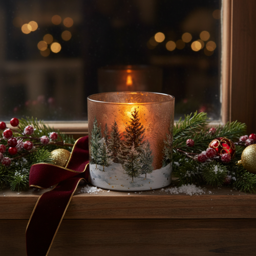 Artikel Glazen theelichthouder met dennenbosmotief, winterdecoratie, 15 cm