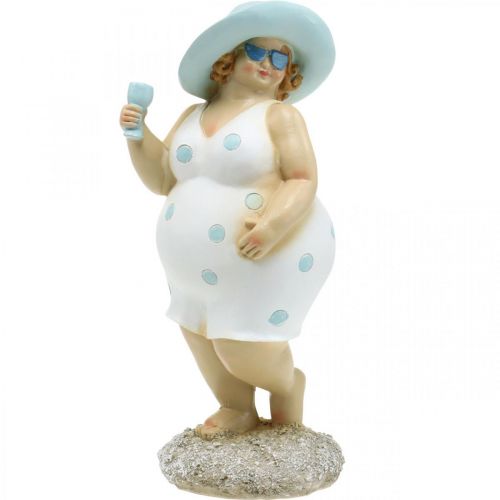 Dame met hoed, zeedecoratie, zomer, badfiguur blauw/wit H27cm