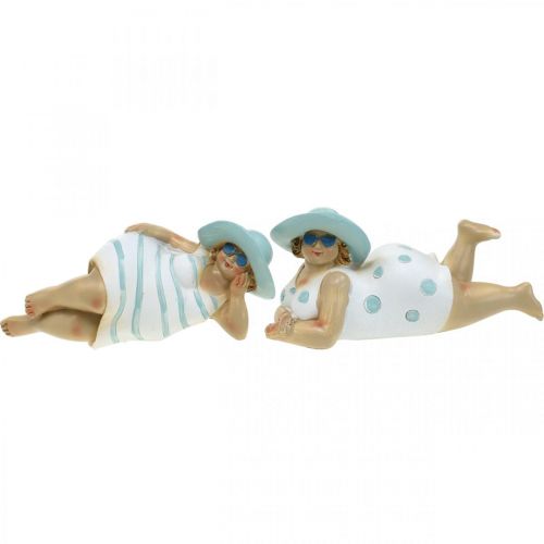 Floristik24 Dames op het strand, badende schoonheden, zeedecoratie blauw/wit H7/8cm L17cm set van 2