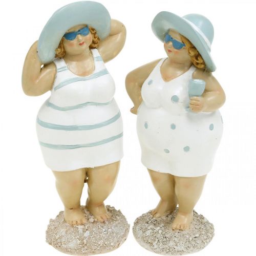 Floristik24 Decoratiefiguur dames op het strand, zomerdecoratie, badfiguren met hoed blauw/wit H15/15,5cm set van 2