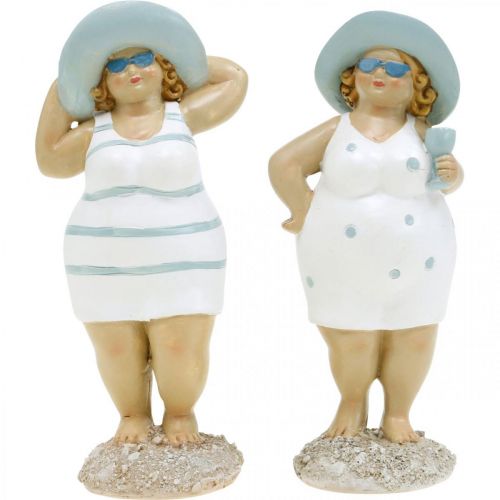 Floristik24 Decoratiefiguur dames op het strand, zomerdecoratie, badfiguren met hoed blauw/wit H15/15,5cm set van 2