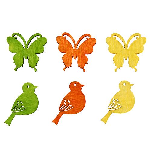 Artikel Decoratieve vogel en vlinder houten strooidecoratie kleurrijk 2cm 144 st