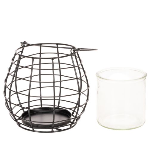 Tuinlantaarn met handvat, zwart, glazen kaarsenhouder, Ø17cm, H15cm | Floristik24.nl