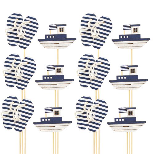 Artikel Tuinpaal Maritiem Houten Slippers Boot Blauw Wit 8cm 12 st