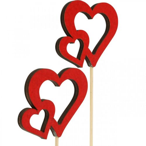 Artikel Bloemsteker hart hout rood romantische decoratie 6cm 24st