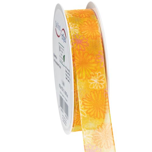 Floristik24 Cadeaulint, organza lint met bloemenprint, geel/oranje, 25 mm x 18 m