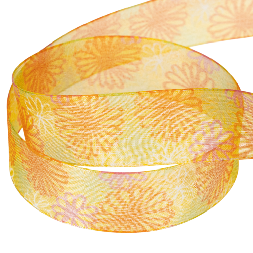 Artikel Cadeaulint, organza lint met bloemenprint, geel/oranje, 25 mm x 18 m