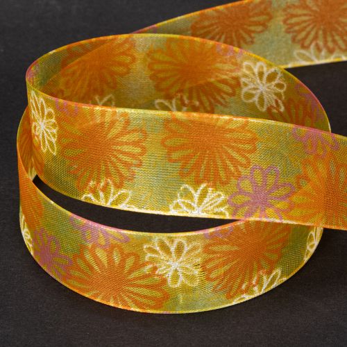 Artikel Cadeaulint, organza lint met bloemenprint, geel/oranje, 25 mm x 18 m