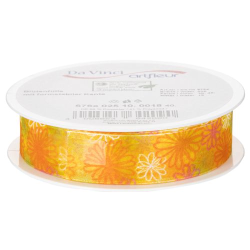 Artikel Cadeaulint, organza lint met bloemenprint, geel/oranje, 25 mm x 18 m