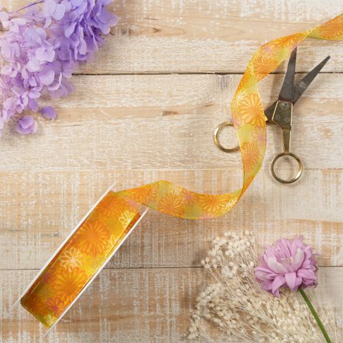 Artikel Cadeaulint, organza lint met bloemenprint, geel/oranje, 25 mm x 18 m