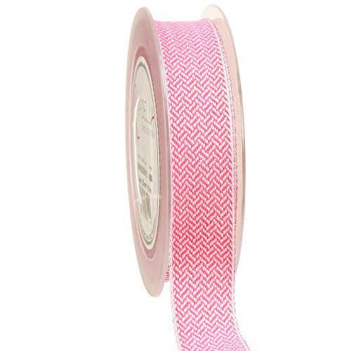 Floristik24 Cadeaulint visgraatmotief lint wit roze 25mm 15m