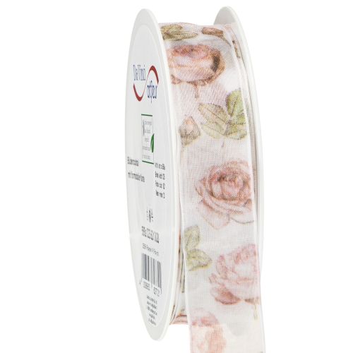 Cadeaulint rozen organza lint met bloemen 25mm 20m