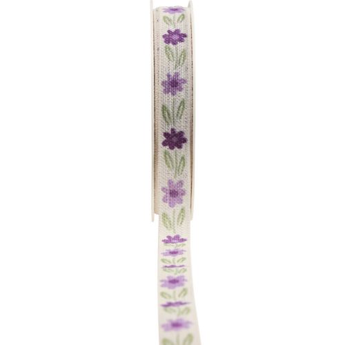 Cadeaulint bloemen katoenlint paars wit 15mm 20m