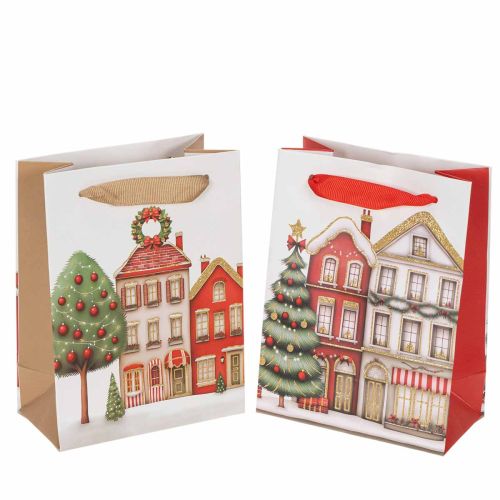 Kerstcadeautas met huisjes en kerstboom, 16 cm, 2 stuks