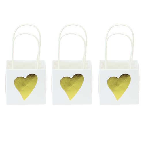 Cadeauzakjes met hartjes en handvatten witgoud 10,5cm 12 st