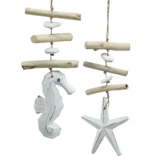Maritieme decoratieslinger drijfhout zeepaardjes, ster 25cm, set van 2