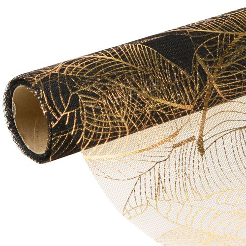 Floristik24 Organza tafelloper zwart-goud – elegante decoratieve stoffen rol met bladpatroon 48 x 450cm