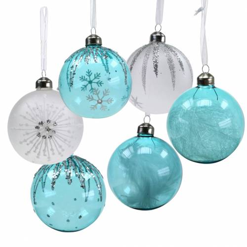 Kerstbal glas blauw, wit Ø8cm assorti 12st