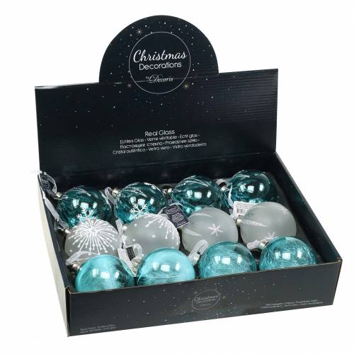 Floristik24 Kerstbal glas blauw, wit Ø8cm assorti 12st