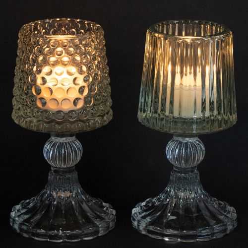 Artikel Glazen theelichthouder met voetstippen en groeven H15cm 2 stuks