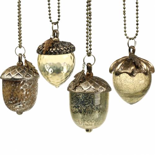 Floristik24 Kerstboomversiering eikel om op te hangen metaal glas goud 11cm 4st