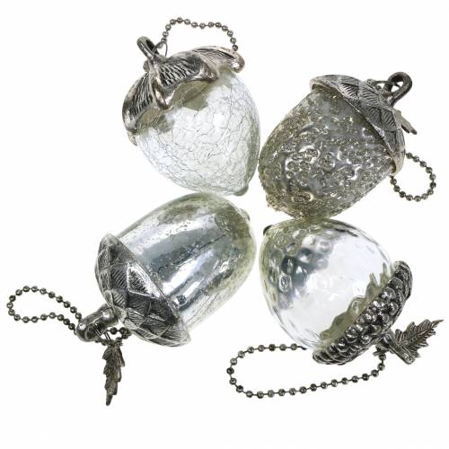 Floristik24 Kerstboomversiering eikel om op te hangen metaal glas zilver 7cm 4st