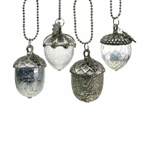 Floristik24 Kerstboomversiering eikel om op te hangen metaal glas zilver 7cm 4st