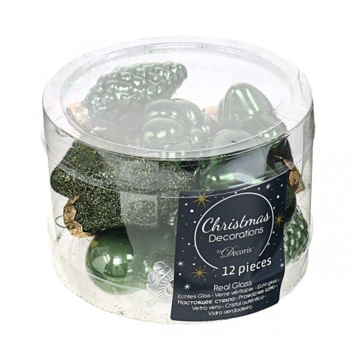 Floristik24 Mini kerstboomversiering mix groen glas kerstversiering assorti 4cm 12st