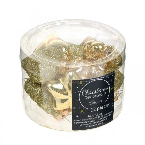 Mini kerstboomversiering mix glas goud, assorti parel kleuren 4cm 12st
