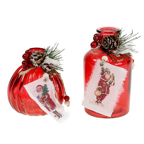 Glazen fles met spar en kegel rood 2st