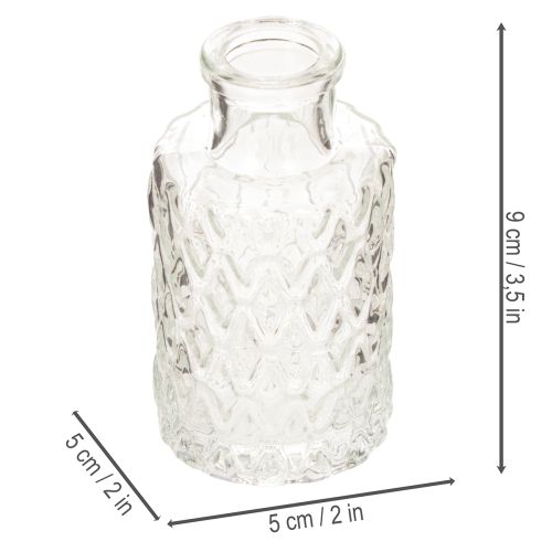 Mini glazen vaasje met diamantpatroon, klein tafelvaasje, flesje, transparant, 9 cm, 6 stuks | Floristik24.nl