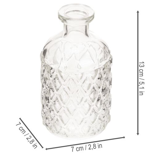 Glazen fles met diamantpatroon, decoratieve fles, vaas, klein, 13 cm, 6 stuks | Floristik24.nl