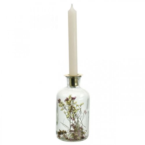 Floristik24 Glas met kandelaar, glasdecoratie met droogbloemen H16cm Ø8,5cm