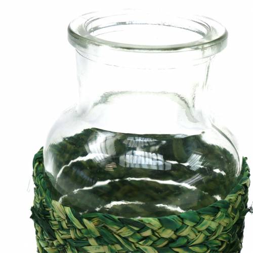 Artikel Glazen fles met raffia groen H12.5cm 3st