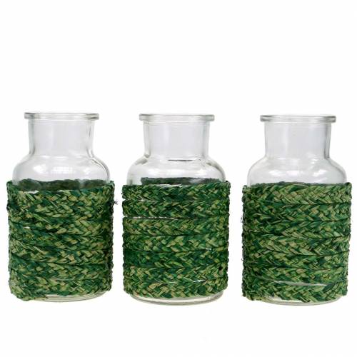 Floristik24 Glazen fles met raffia groen H12.5cm 3st