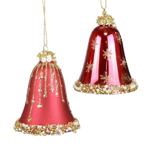 Glazen stolp kerstklokken rood goud Ø6,5cm H8,5cm 2st